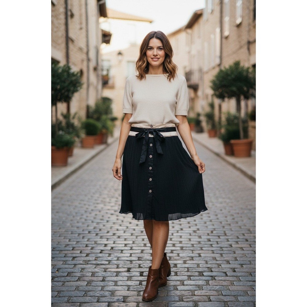 Odille Anthropologie Skirt Womens Black Silk Cotton Pleated Bow Button 14